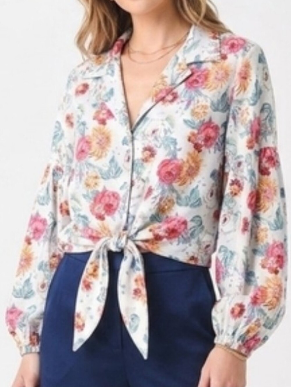 ​Kaktus Floral Linen Blend Blouse Top Small Puff Sleeve Tie Front Boho Cottageco